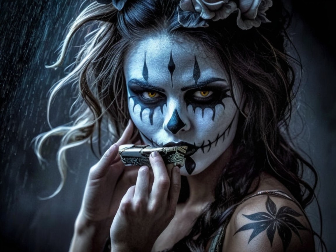 Woman with Skull Makeup and Rainy Atmosphere