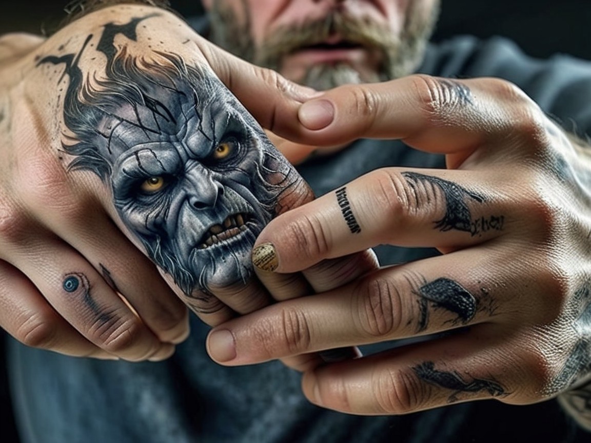 Close-up of tattooed hands with intricate designs