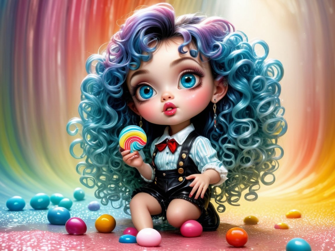 Whimsical Doll with Blue and Purple Hair and Lollipop