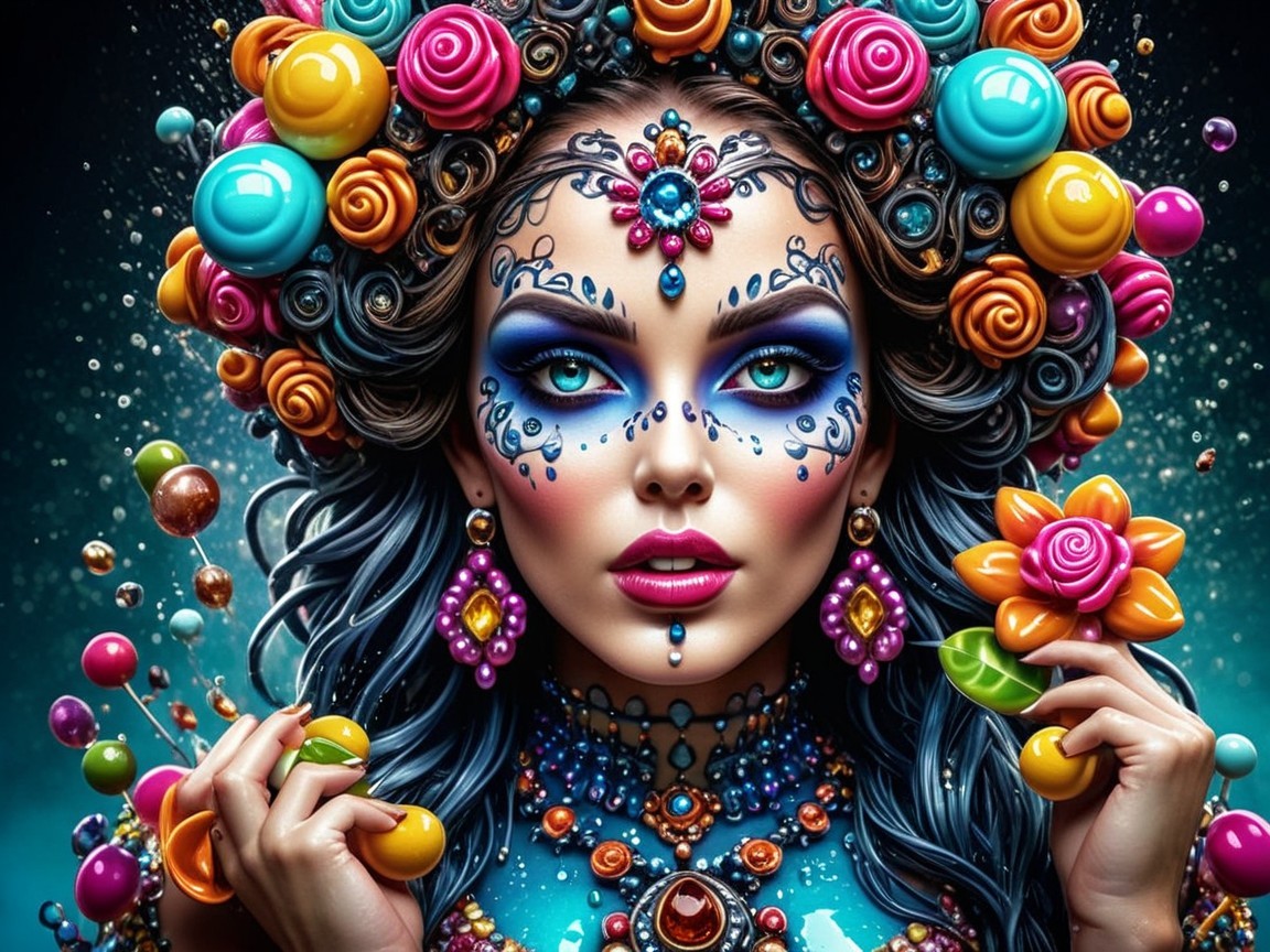 Vibrant Portrait of a Woman with Candy and Flowers