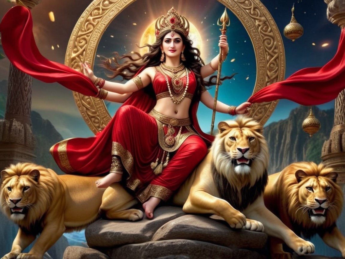 Majestic goddess with trident and lions in celestial scene