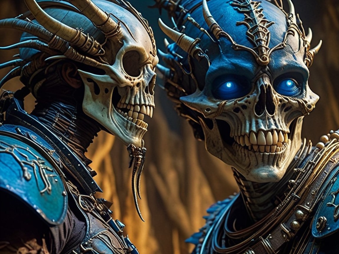 Intricately Designed Skeletal Figures in Dark Setting