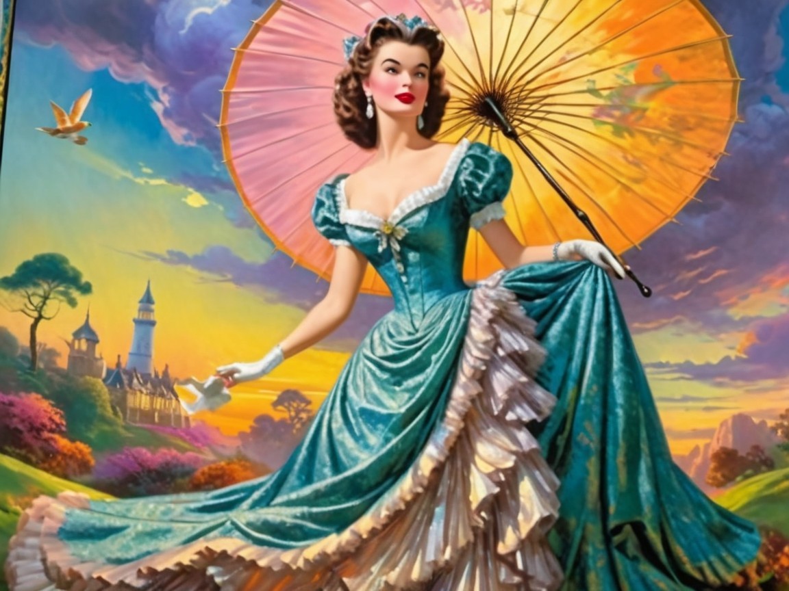 Glamorous Woman in Teal Gown with Vintage Charm