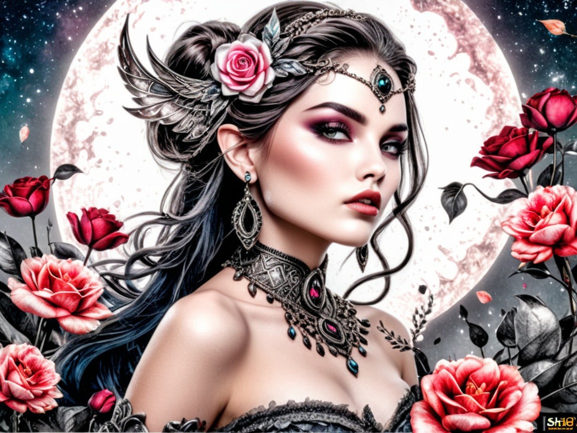 Enchanting Woman with Roses and Full Moon Glow