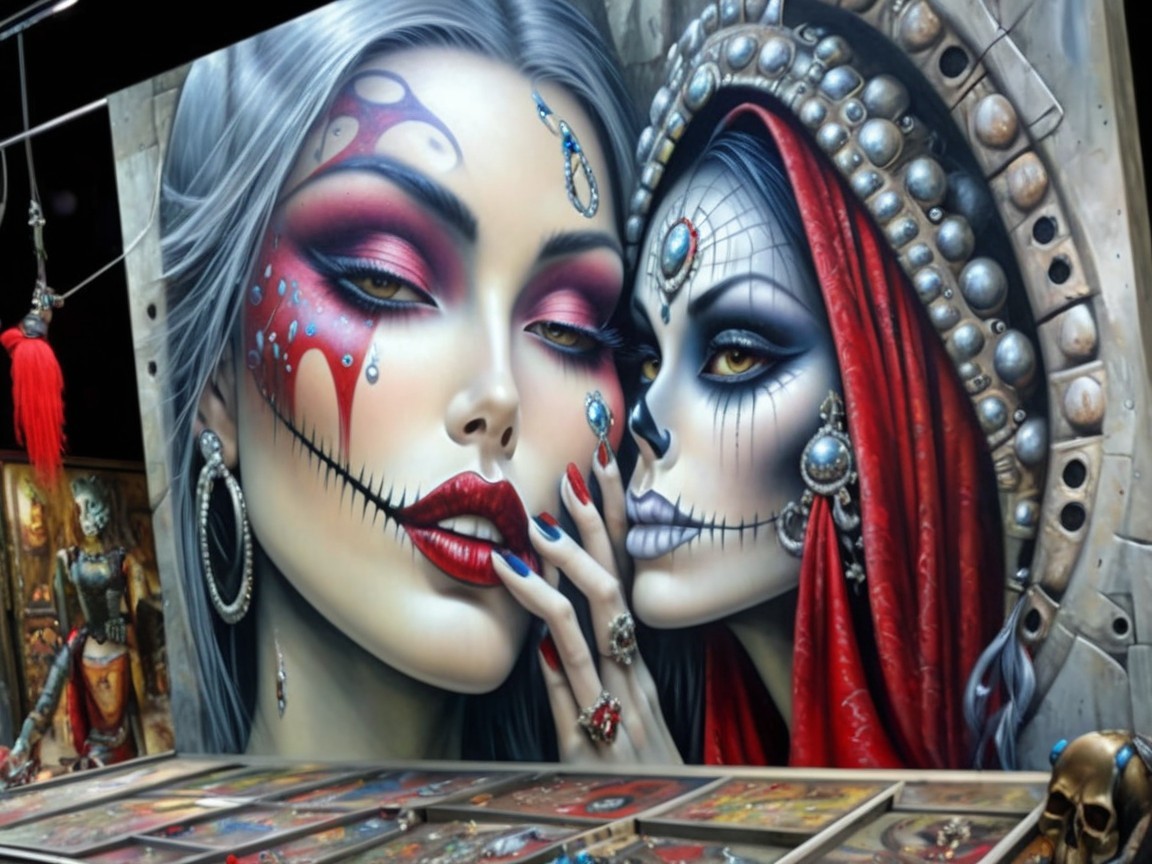 Mural of Glamorous Figures with Intricate Face Paint