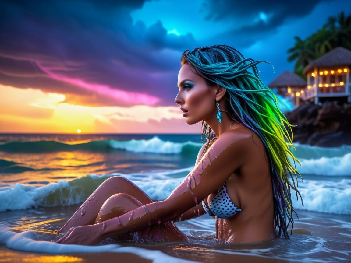 Woman with Multicolored Hair at Sunset Beach Scene