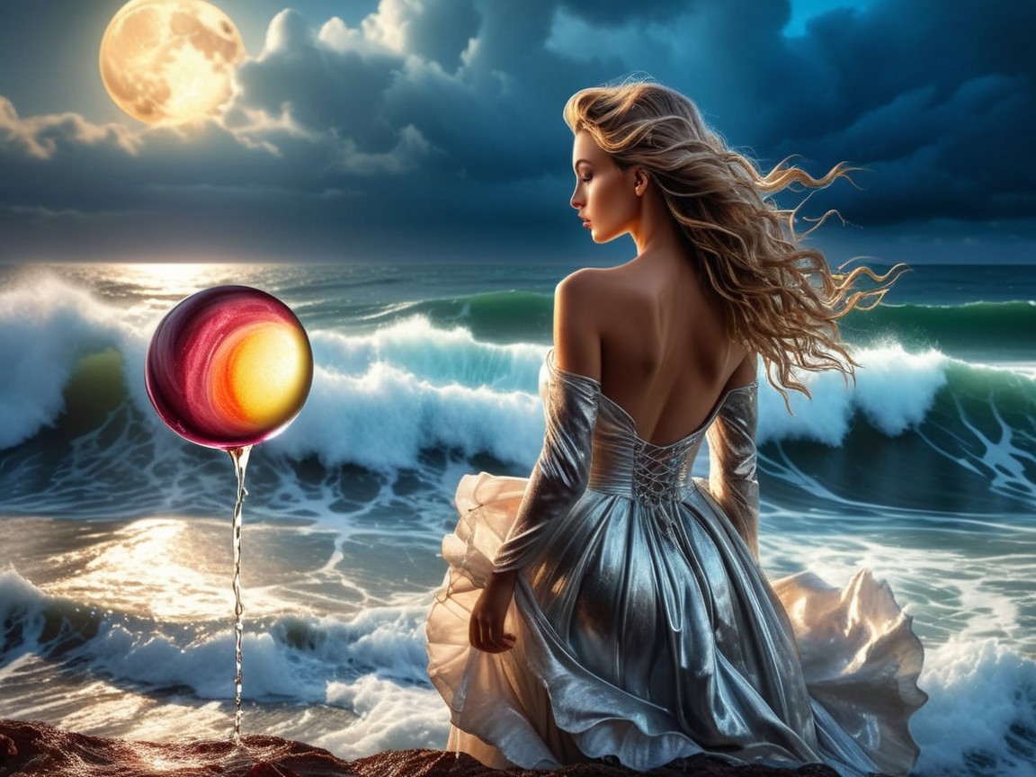 Elegant Woman in Silver Gown by Turbulent Ocean Waves