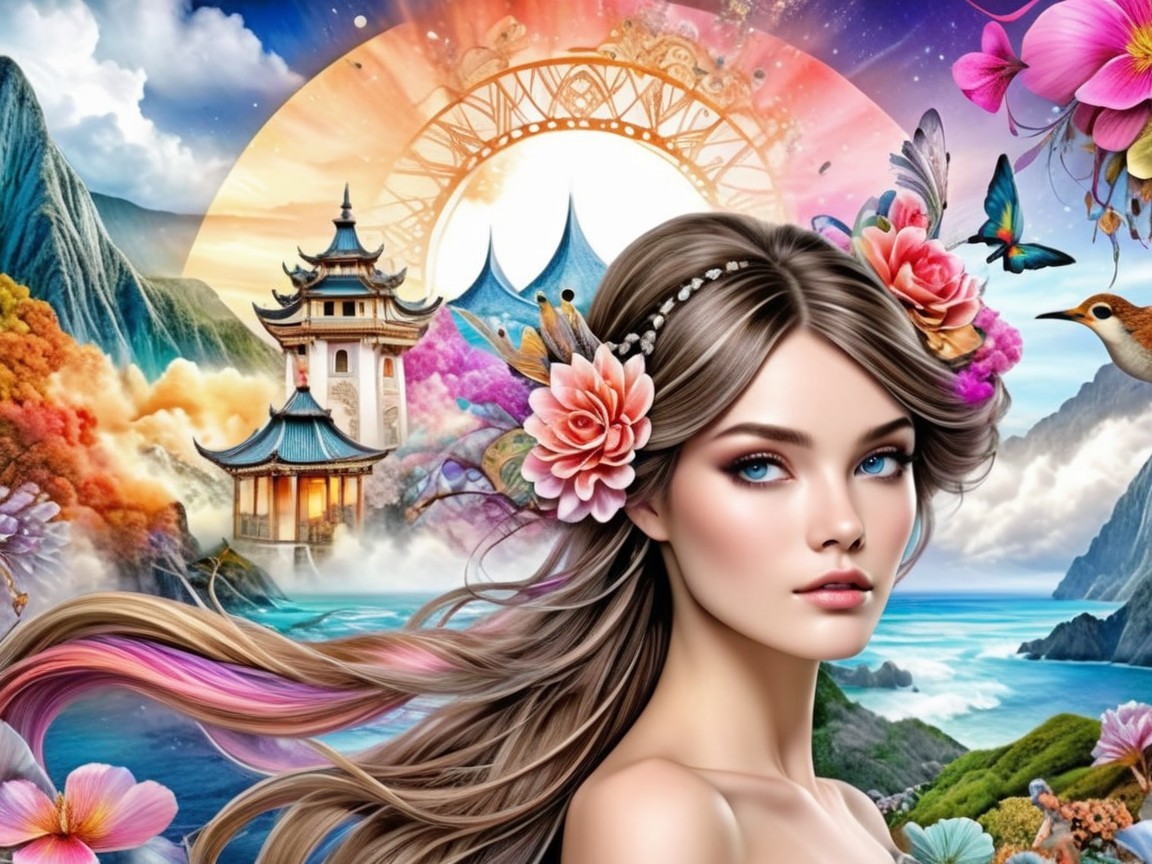 Young woman with flowers in hair in serene landscape