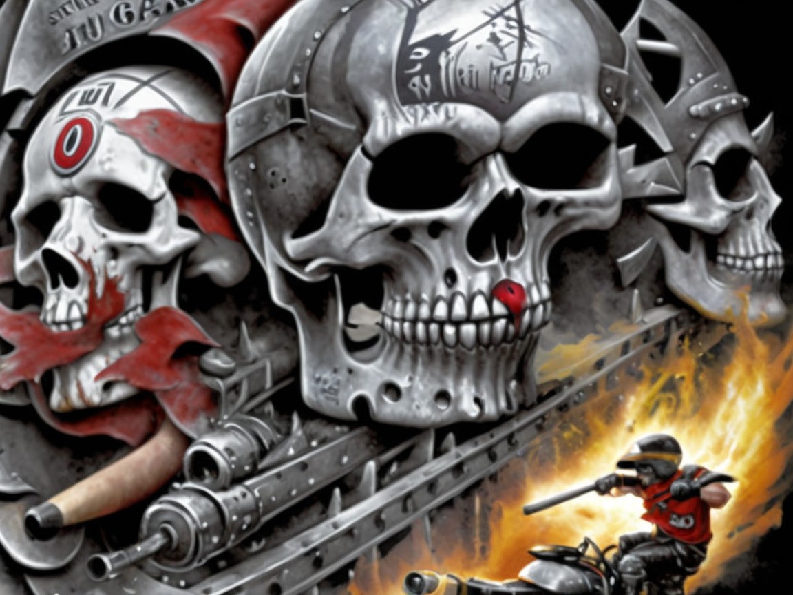 Dark Artwork with Skulls and Fiery Background