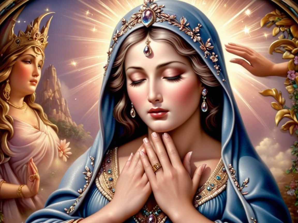 Serene Woman in Blue Robe with Regal Background
