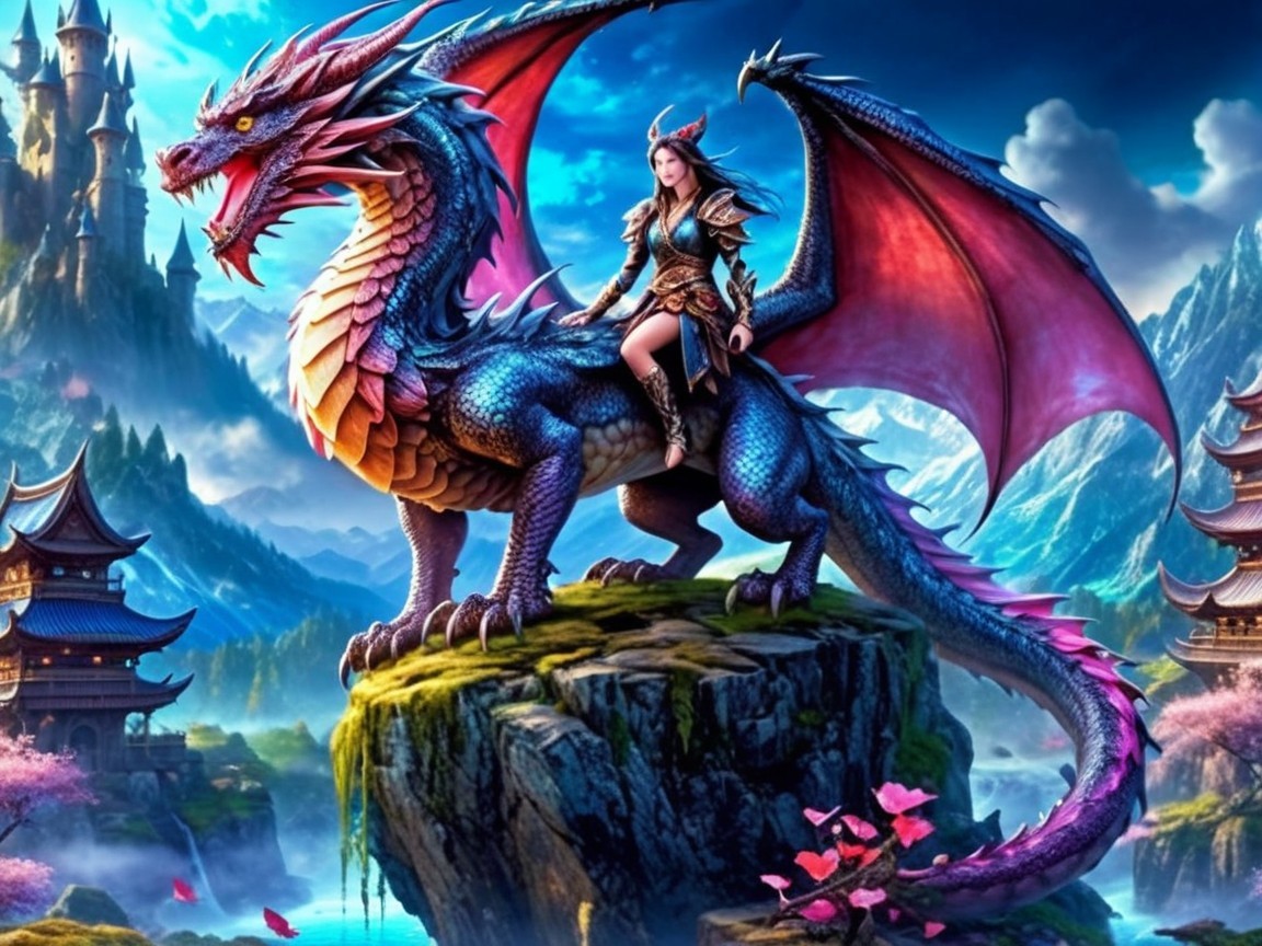 Dragon and Warrior Maiden in Serene Landscape