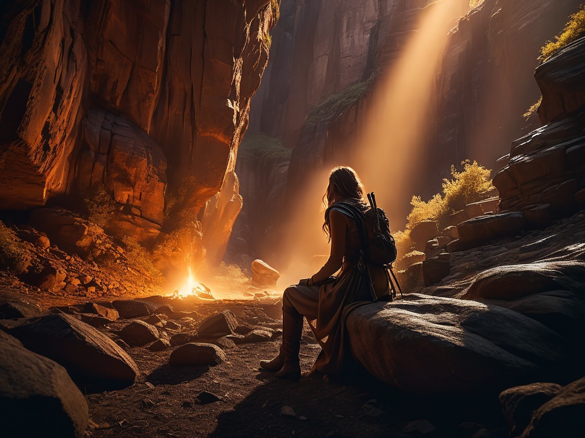 Solitary Figure by Fire in a Serene Canyon
