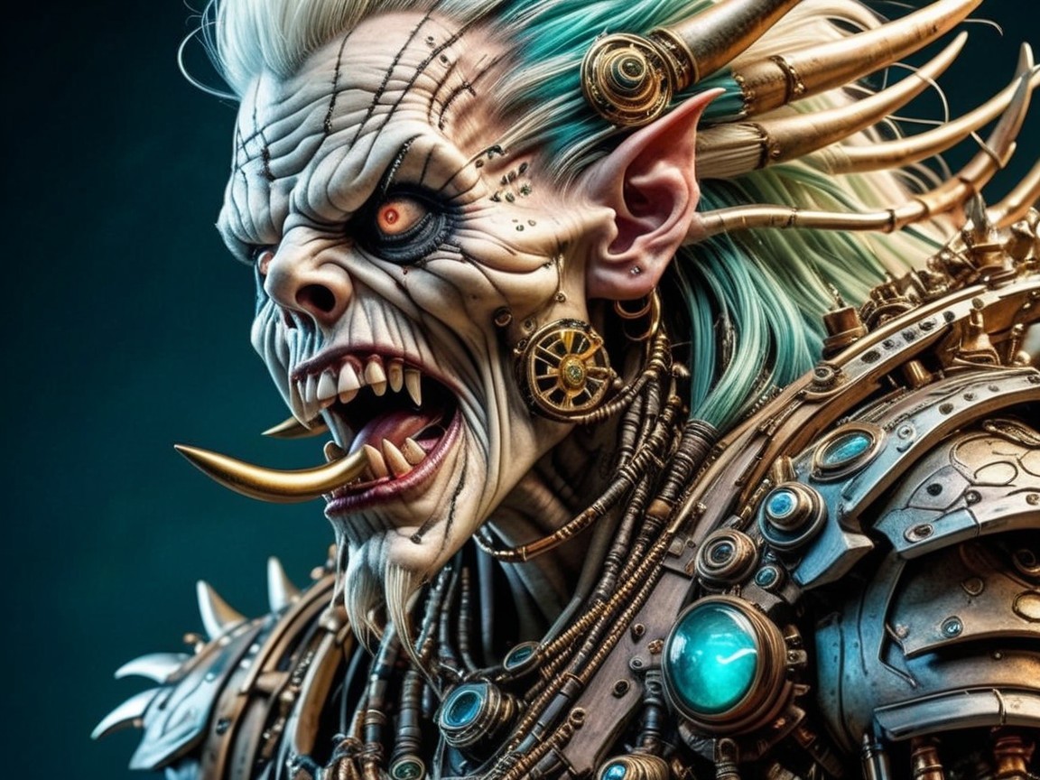 Otherworldly Creature with Mechanical Armor and Gems