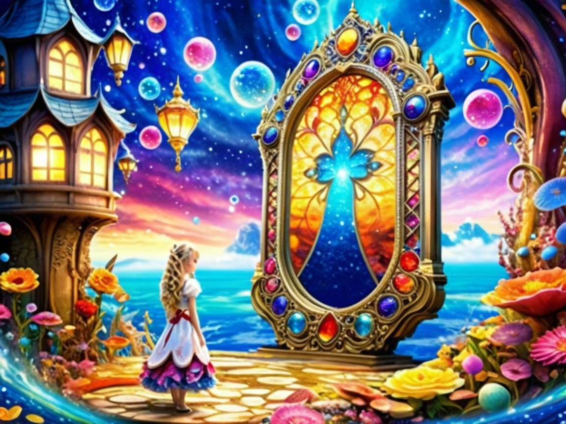 Whimsical Scene with Girl and Ornate Mirror Reflection
