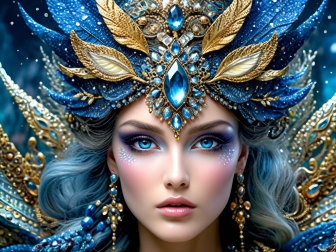 Fantasy Figure with Icy Blue Hair and Starry Background