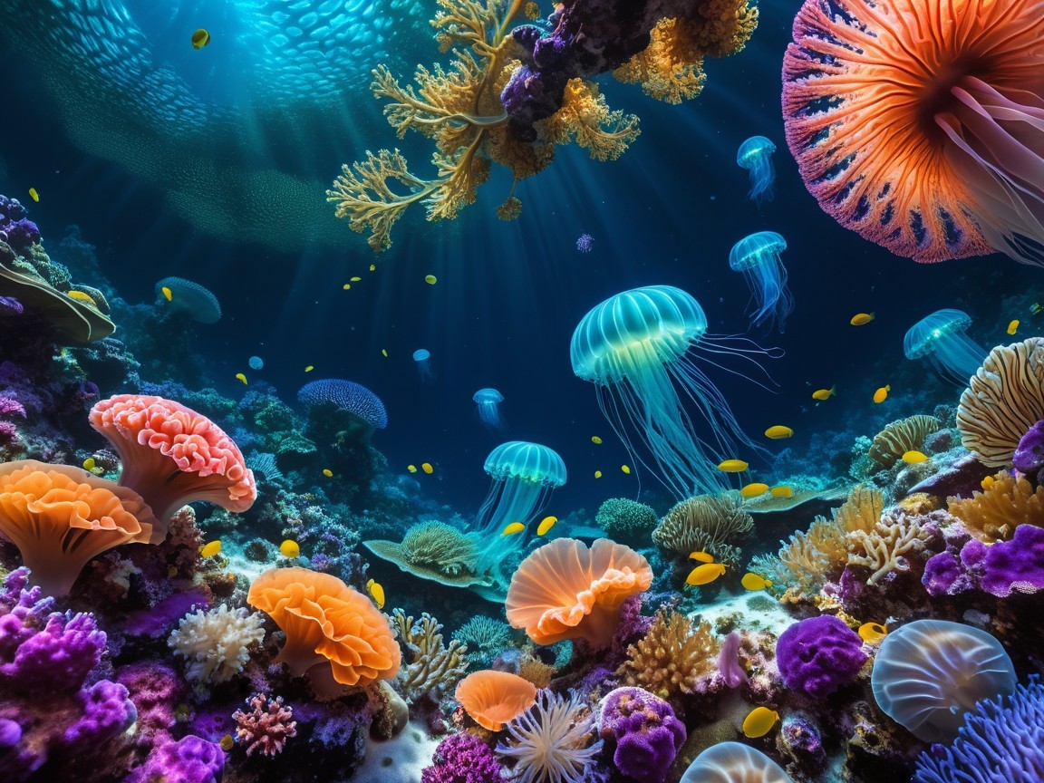 Vibrant Underwater Scene with Coral Reefs and Jellyfish