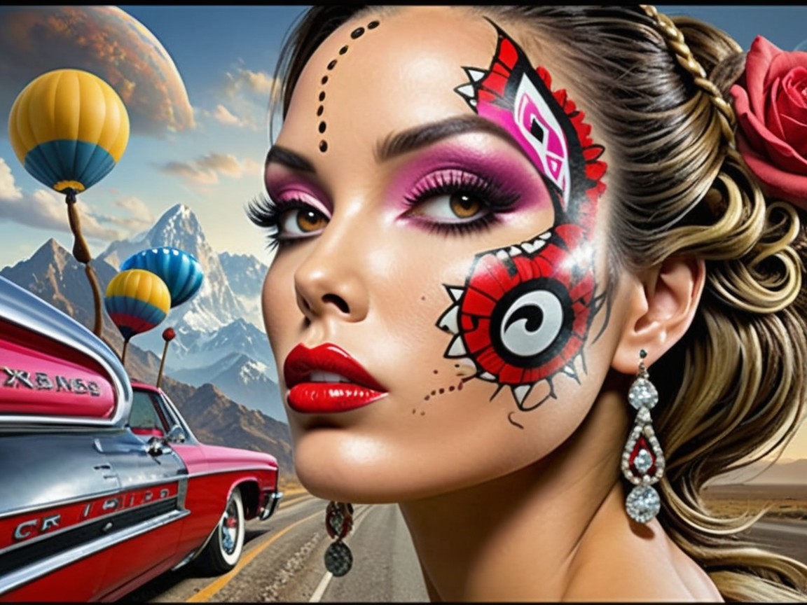 Portrait of a woman with vibrant face paint and balloons