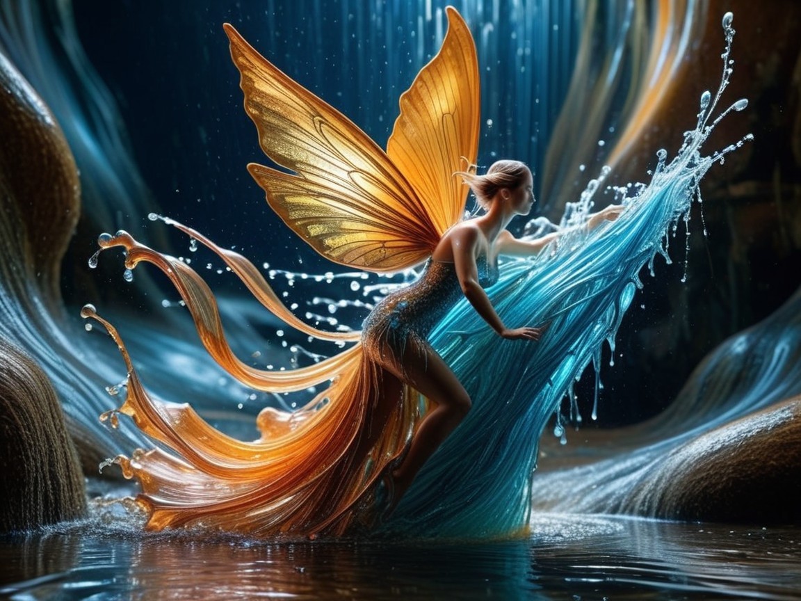 Fairy with Orange and Gold Wings Soaring Through Waterfall