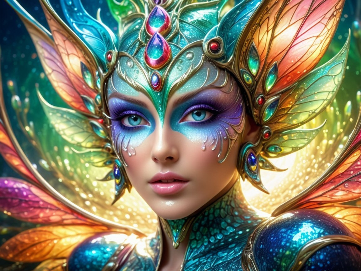Fantasy figure with iridescent makeup and colorful wings