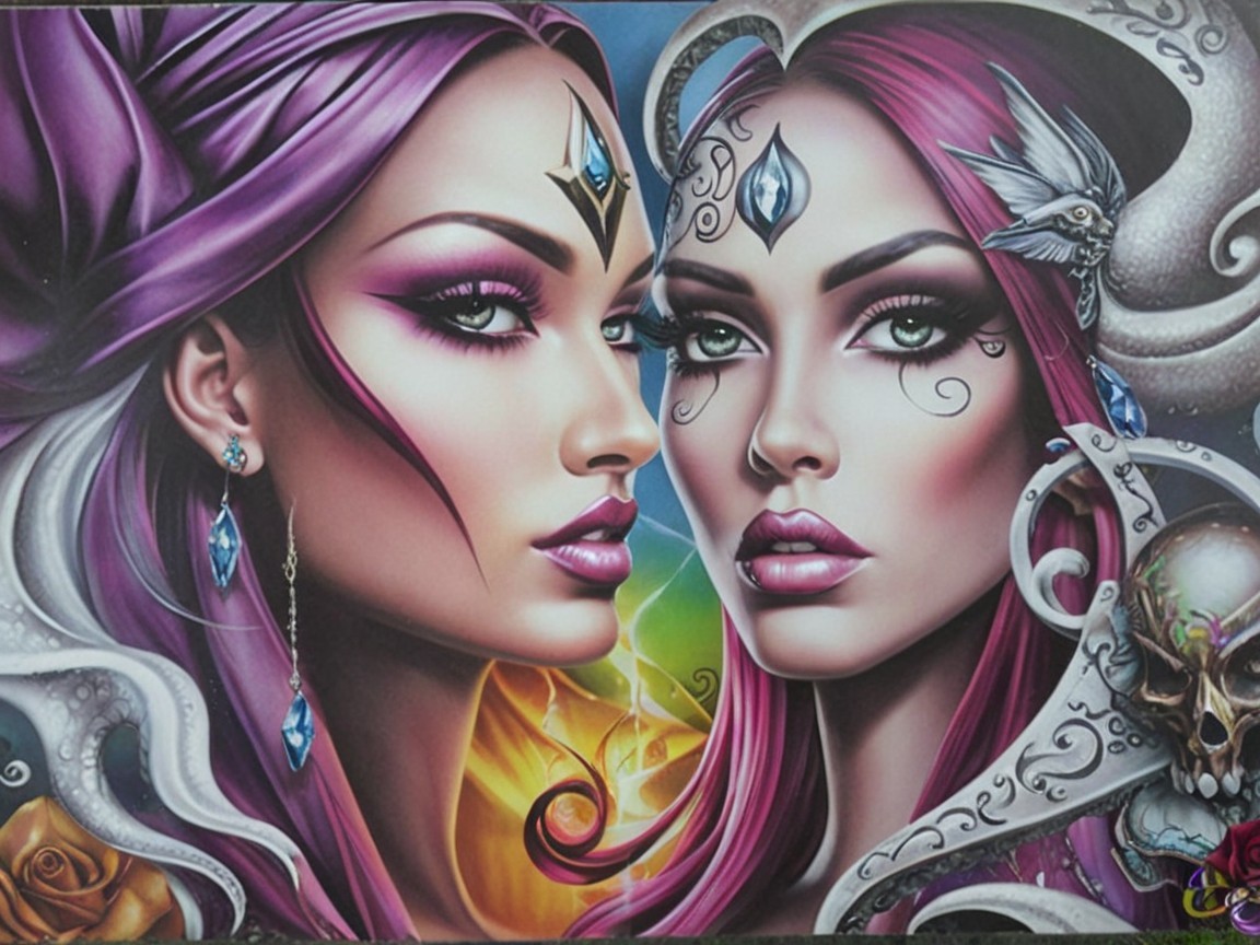 Ethereal Women with Vibrant Hair and Intricate Makeup