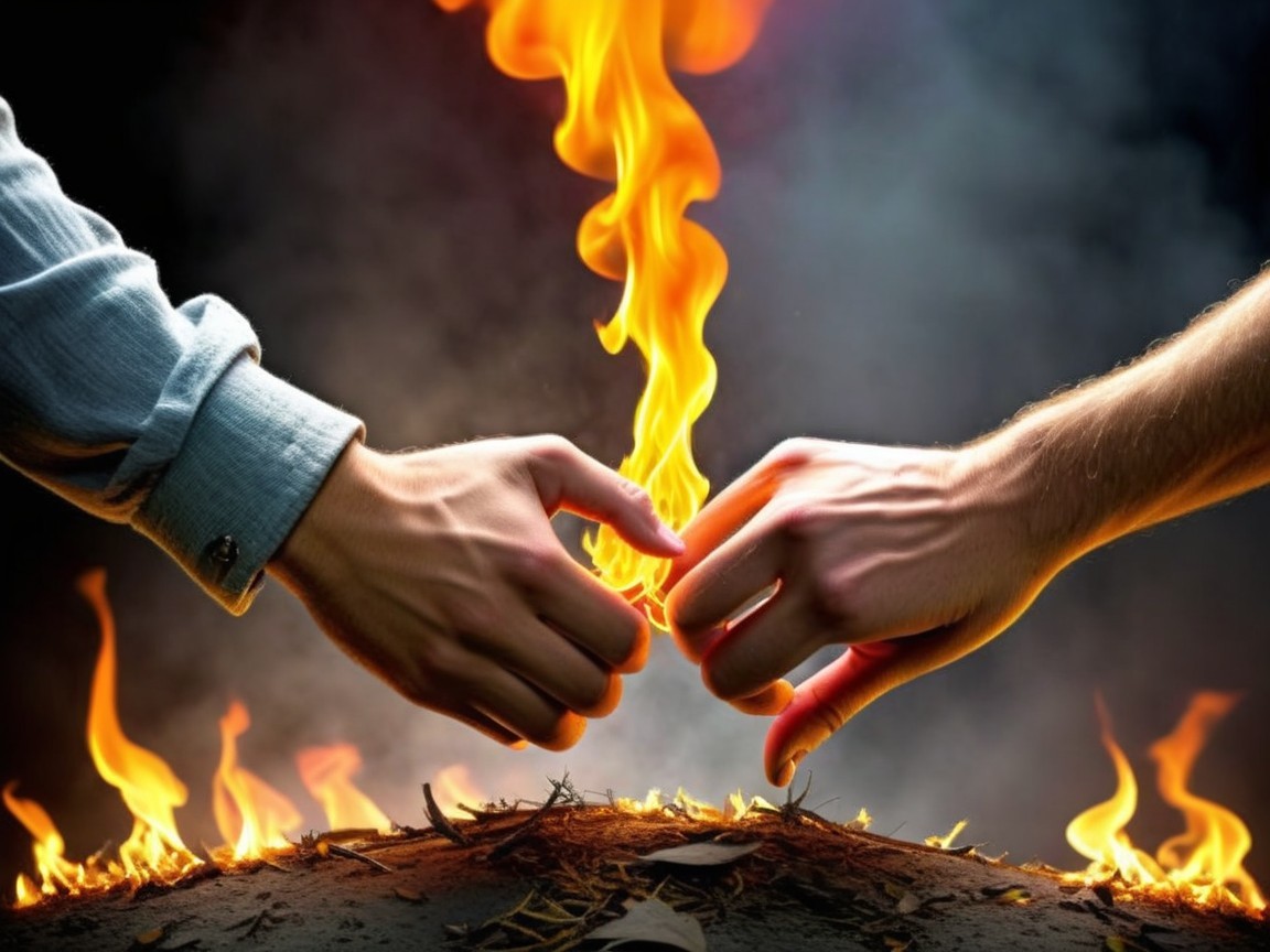Hands Reaching Above Fiery Landscape with Smoke