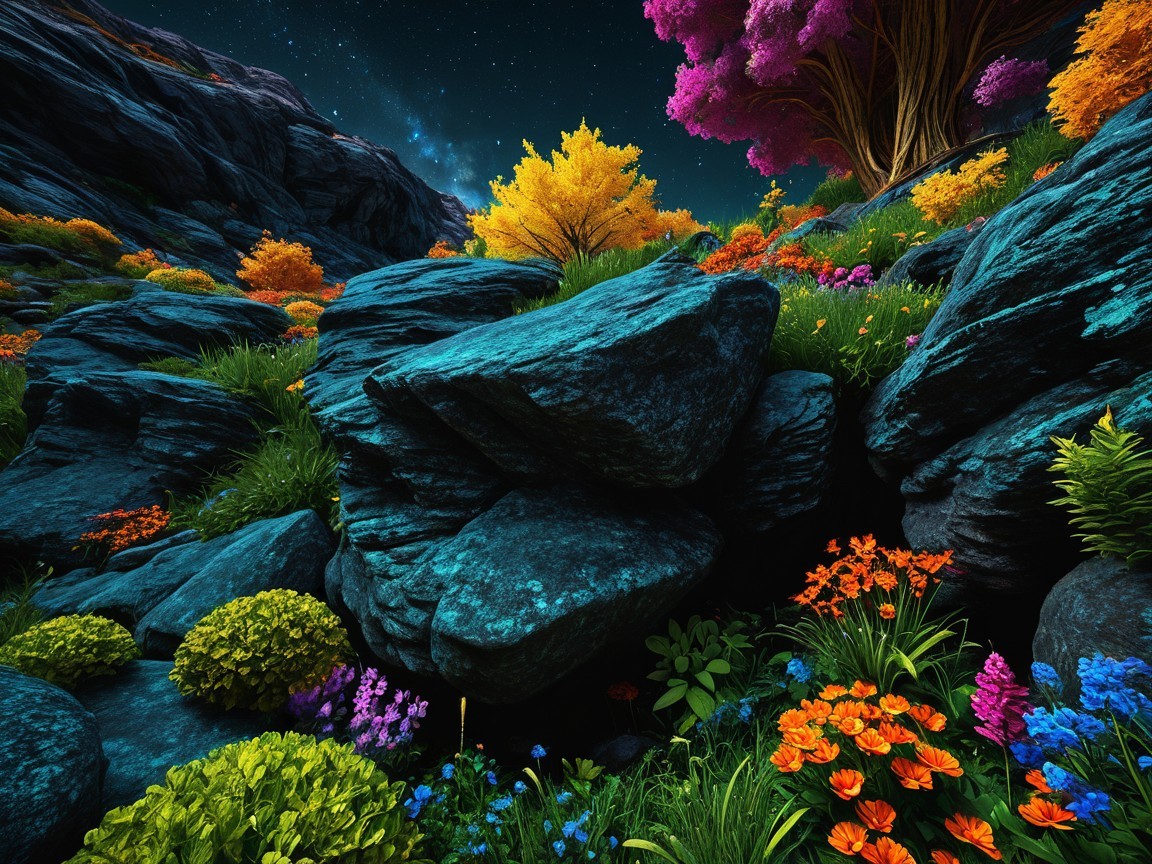 Vibrant Landscape with Colorful Flowers and Rocks