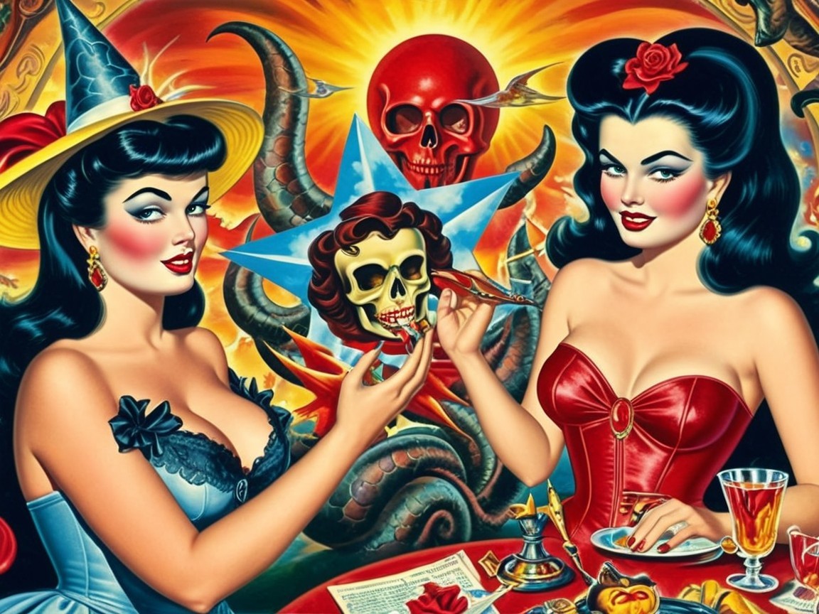 Vintage Pin-Up Women in Witch and Red Dress Theme