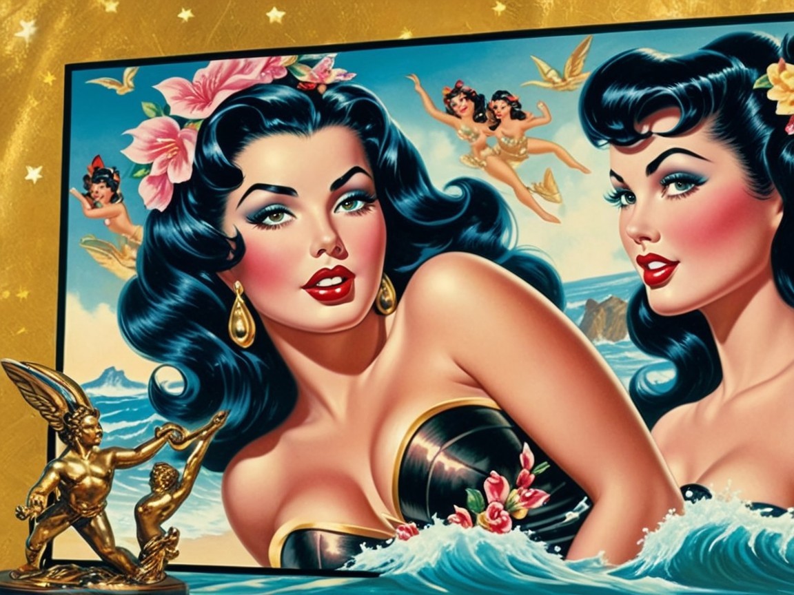 Vintage Illustration of Glamorous Woman with Fantasy Elements