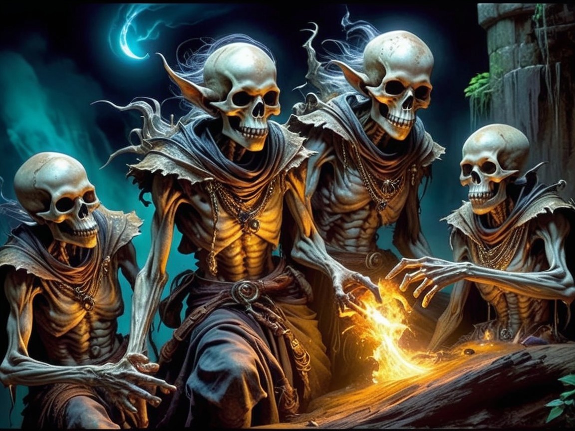 Skeletal Figures in Dark Robes Around a Flame
