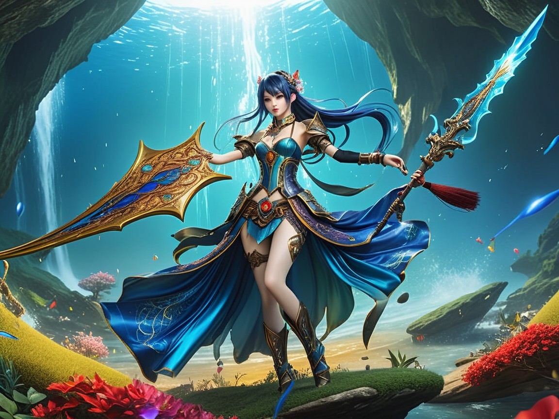 Warrior in Blue and Gold Armor in Mystical Landscape