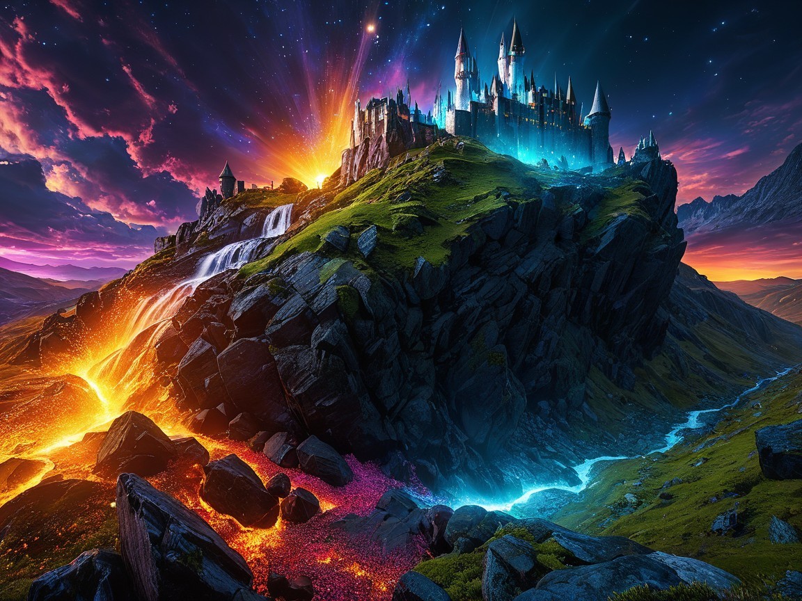 Majestic castle on a cliff with vibrant landscapes