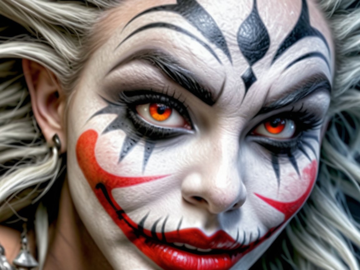 Dramatic Clown-Inspired Character with Bold Makeup