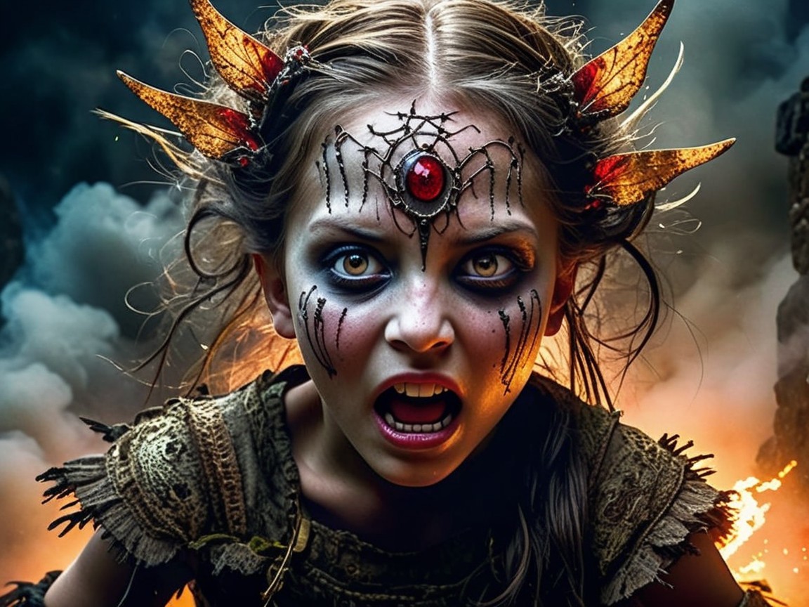 Fierce Young Girl with Dramatic Makeup and Horns