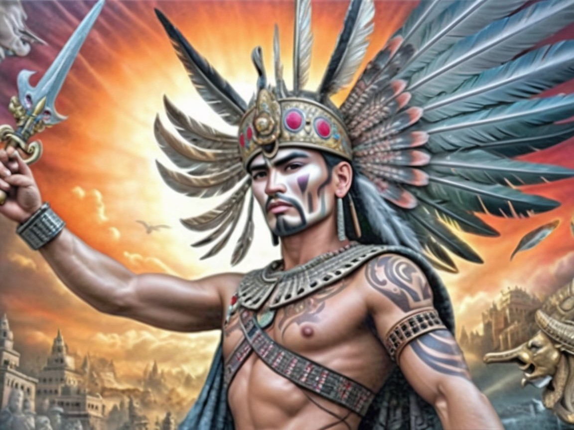 Muscular warrior with feathered headdress at sunset