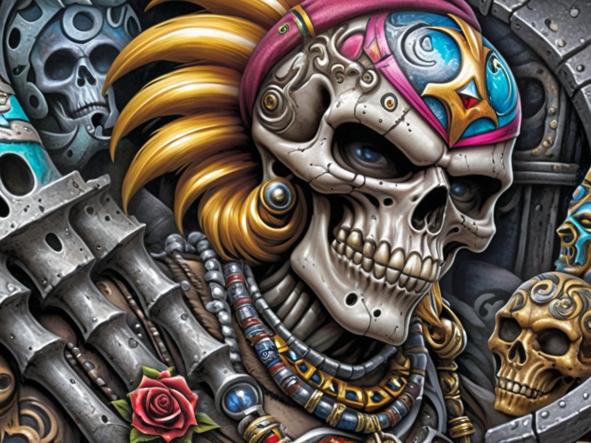 Colorful Skull with Headdress and Intricate Jewelry