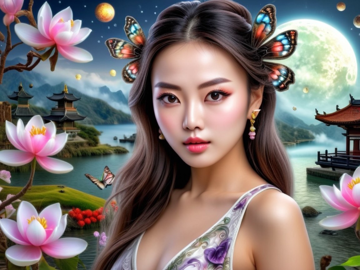 Young Woman with Butterfly Accessories and Lotus Flowers