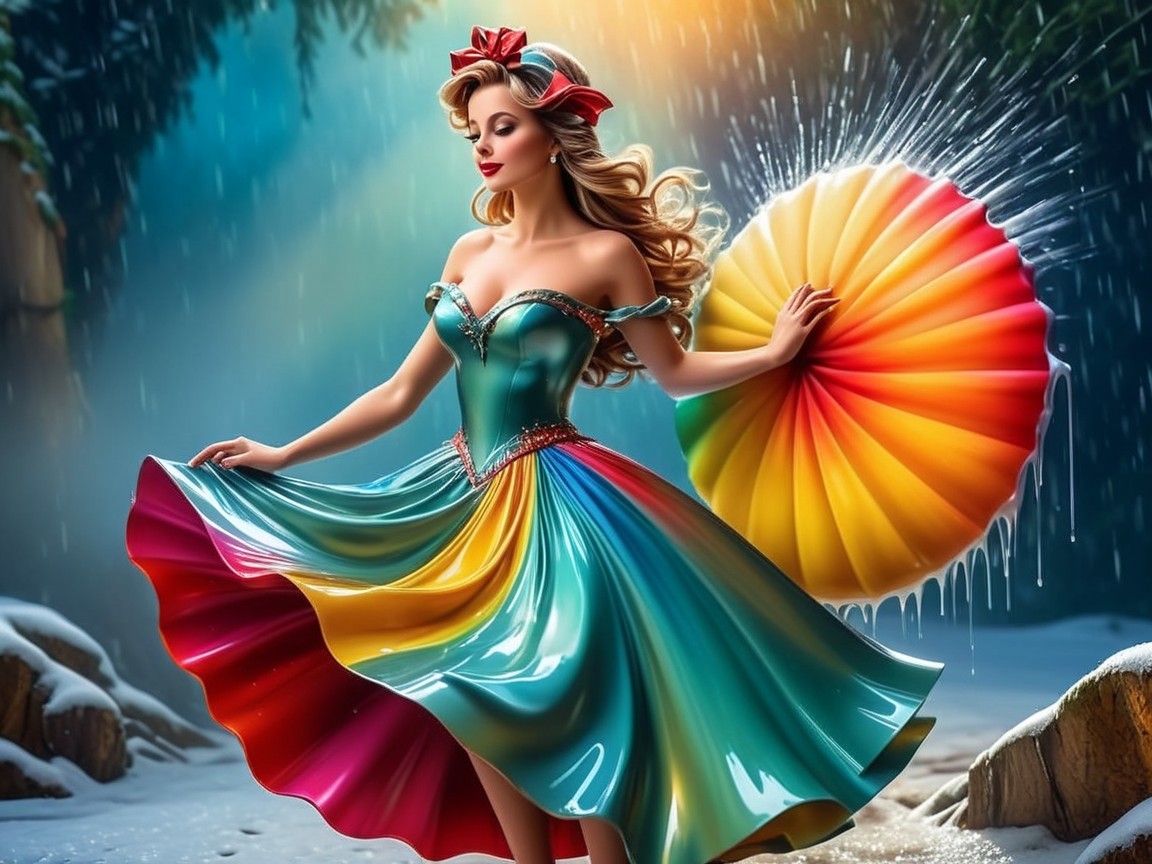 Colorful Dress and Umbrella in Rainy Setting