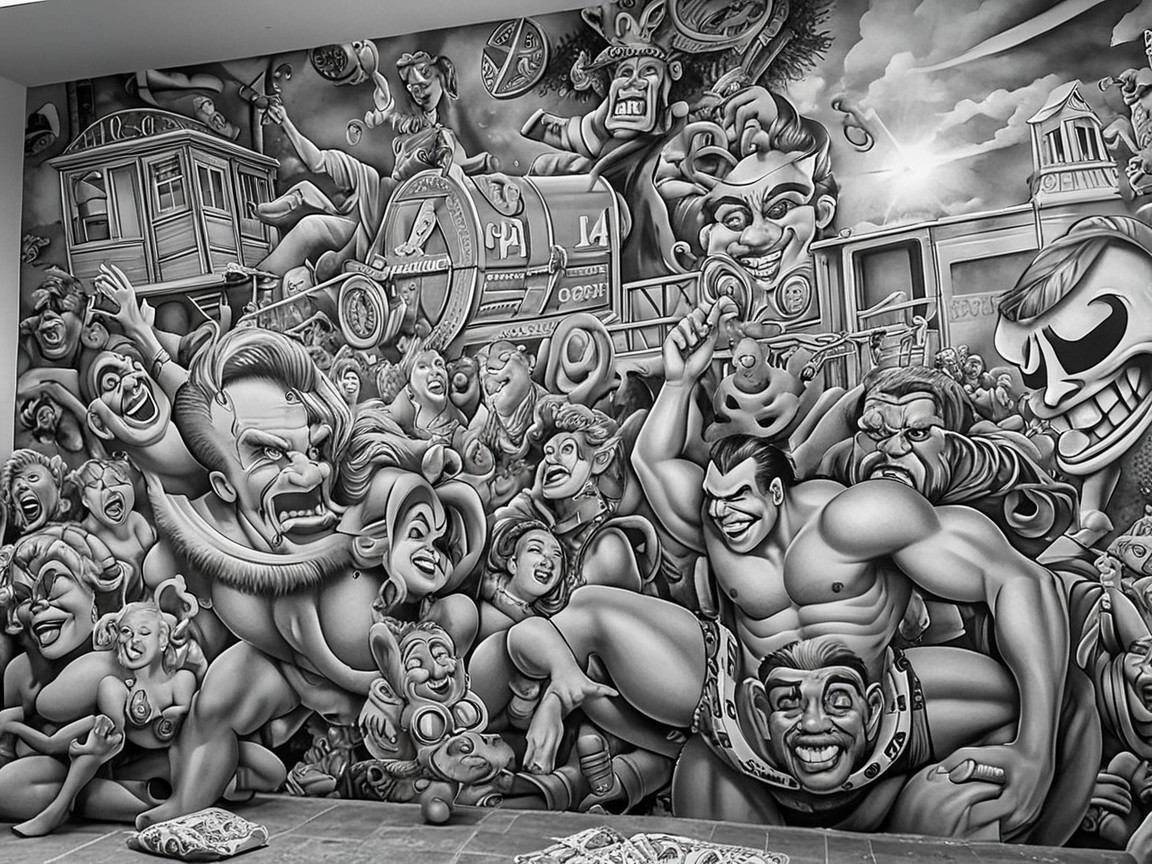 Vibrant Mural with Cartoonish Characters and Whimsical Scenery