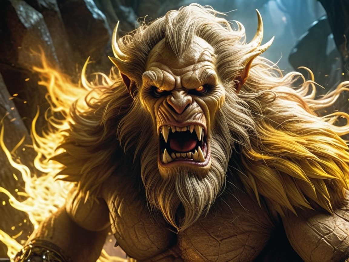 Muscular Creature with Flames in Dark Cave Setting