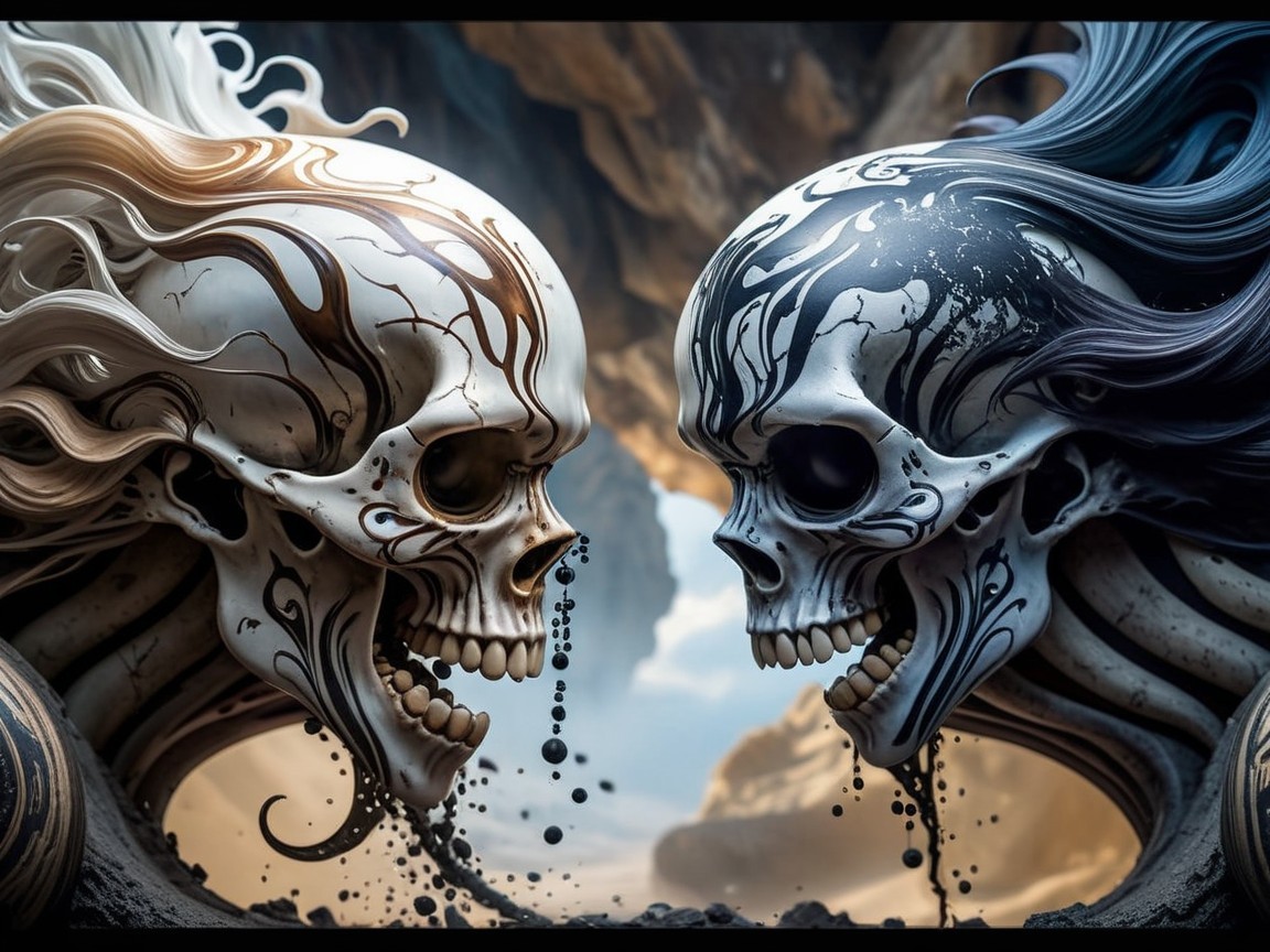 Intricately Designed Skulls in Surreal Landscape