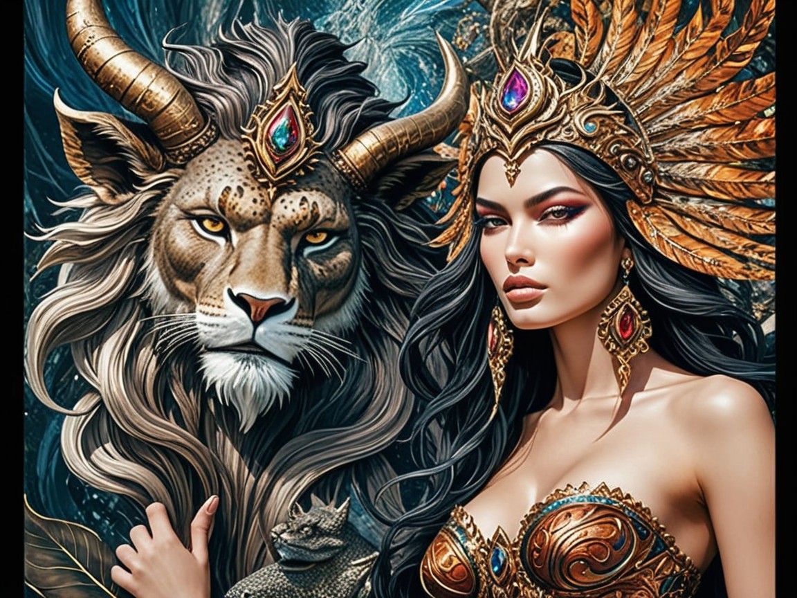 Regal Woman in Golden Outfit with Lion Companion
