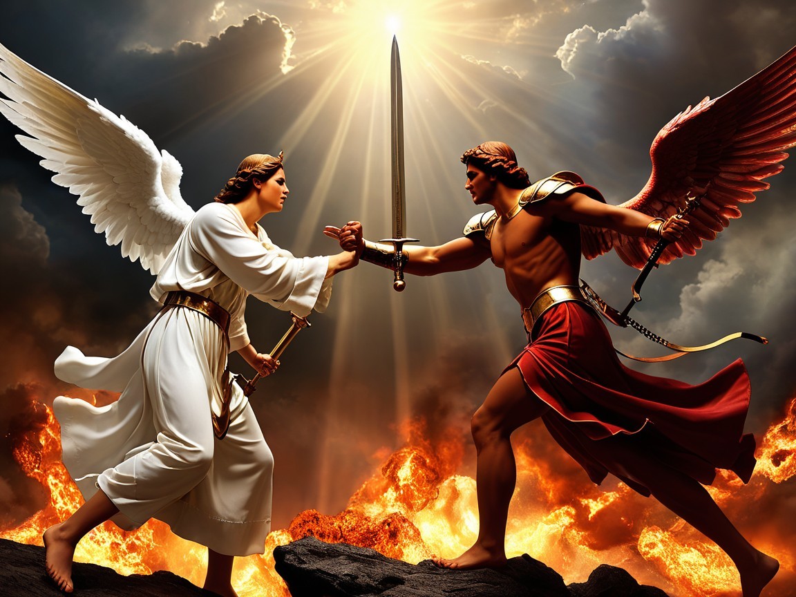 Celestial Angels in Dramatic Standoff with Fiery Backdrop