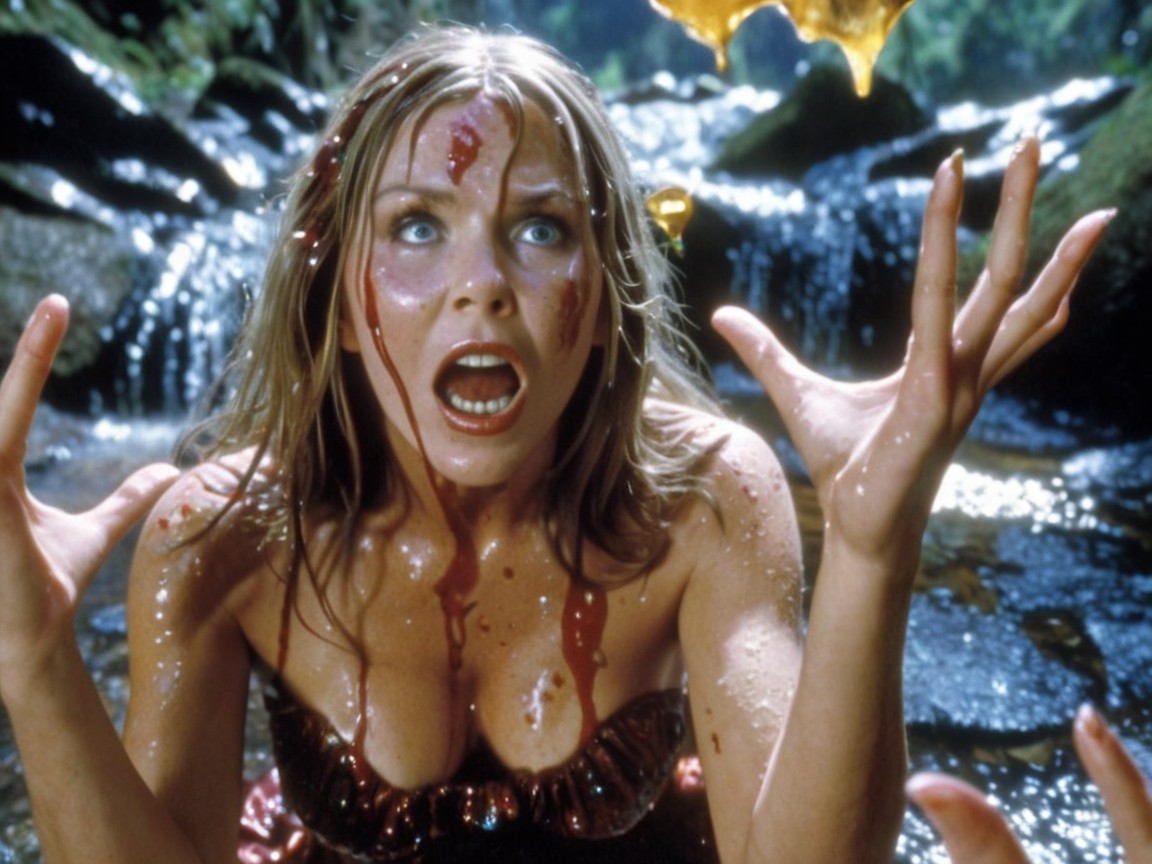 Woman in dramatic natural setting with flowing water