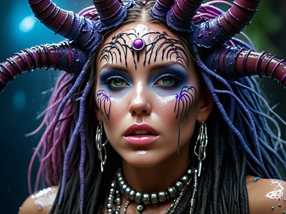 Portrait of a model with intricate spider web makeup