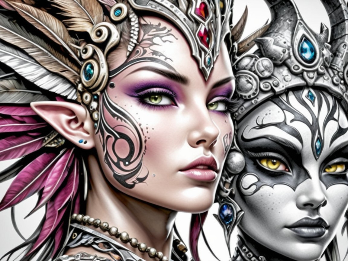Intricate Face Paint and Headdresses on Female Figures