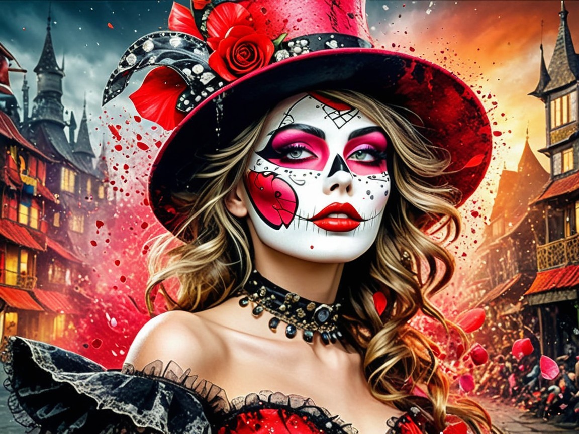 Fantastical Figure in Red and Black Costume with Skull Makeup