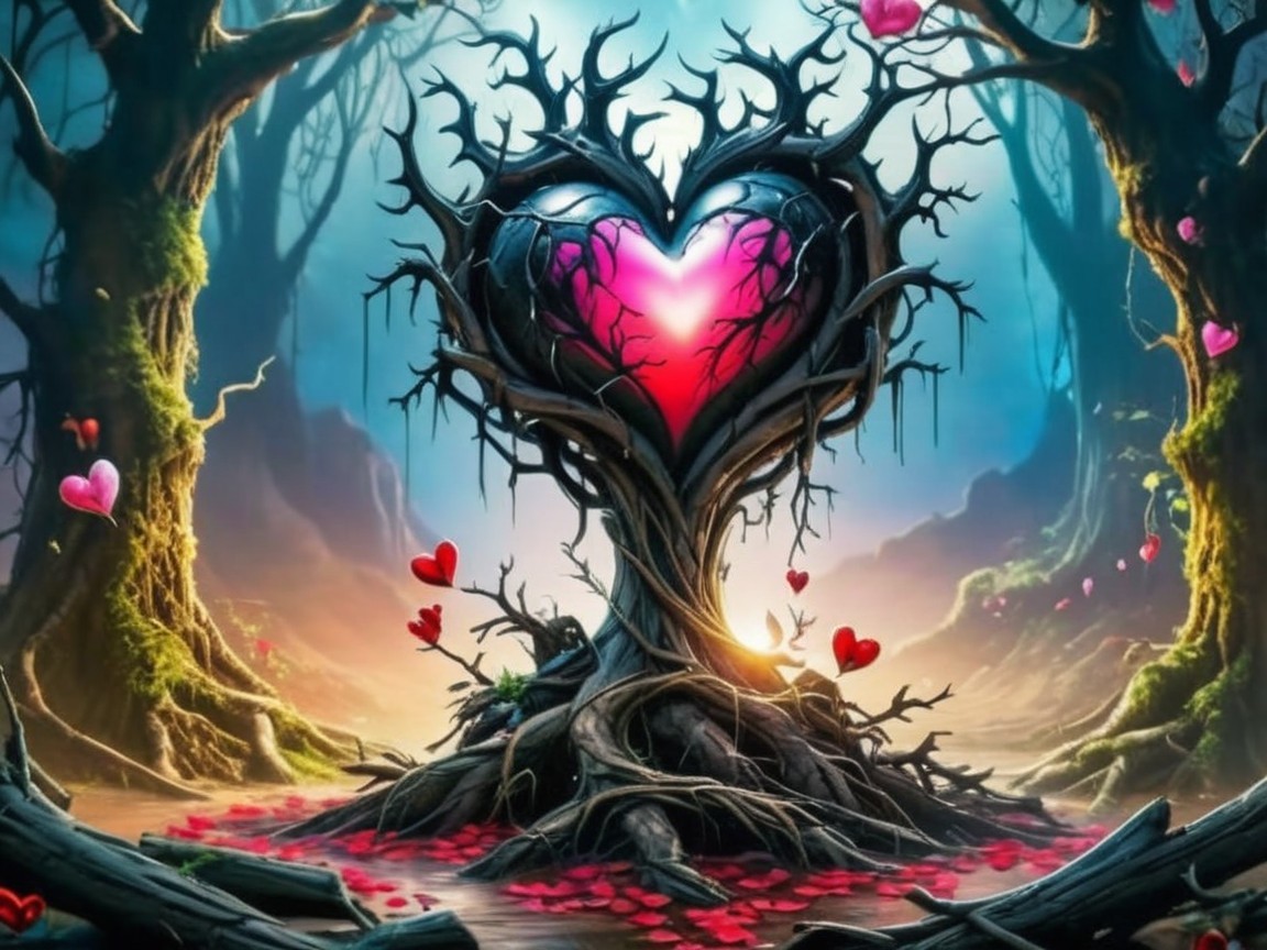 Heart-Shaped Tree in a Mystical Forest Scene