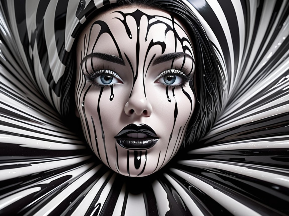 Close-up of a face with dramatic makeup and stripes