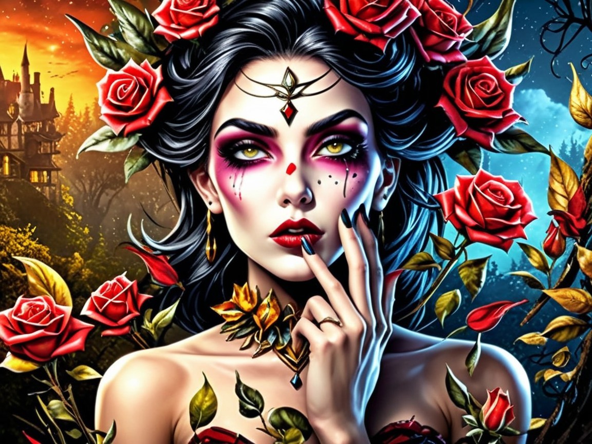Striking Woman with Roses Against Twilight Sky