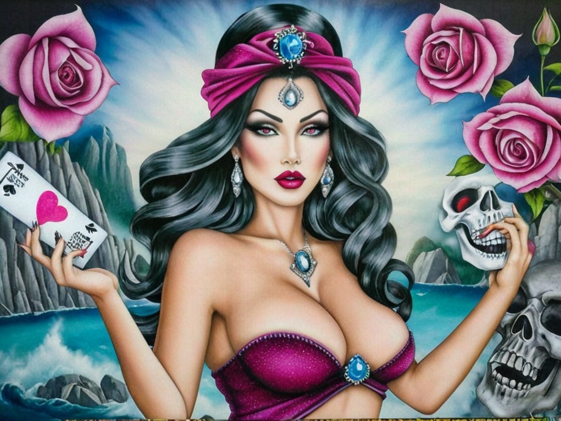 Enchanting woman in magenta outfit with skull and card